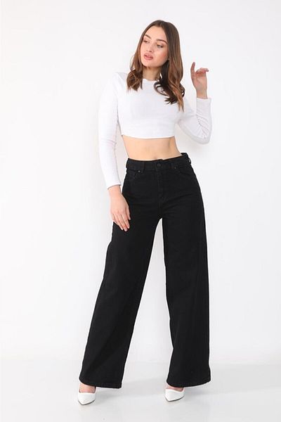 Trn JNS Pantaloni negri largi din lycra cu talie super înaltă. (SUPER ÎNALT.) Picior lat.