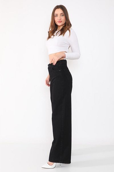Trn JNS Pantaloni negri largi din lycra cu talie super înaltă. (SUPER ÎNALT.) Picior lat.
