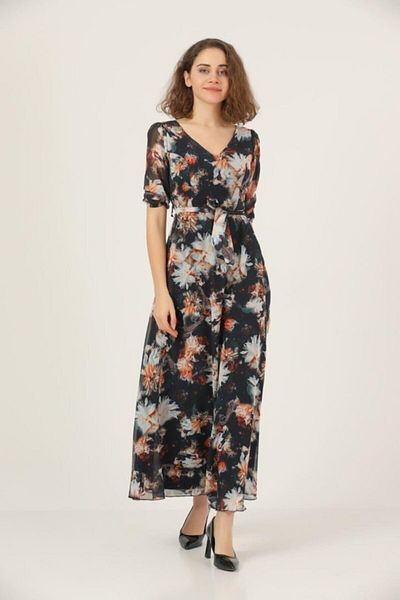 Ottawe Patterned Chiffon V-Neck Long Dress for Women - Half Sleeve, Flared Waist Elastic Ottw-5054