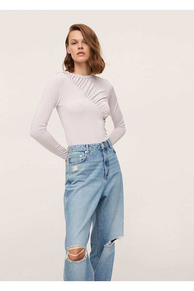 MANGO Woman Tricou cu mânecă lungă cu volane liliac pentru femei