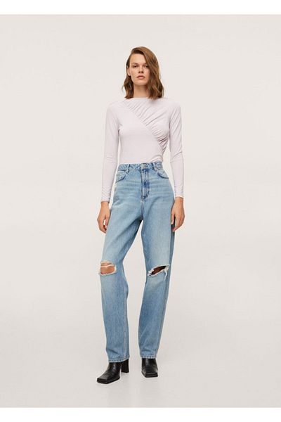 MANGO Woman Tricou cu mânecă lungă cu volane liliac pentru femei