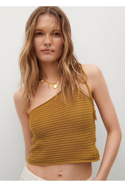 MANGO Woman Γυναικείο μπλουζάκι από βαμβακερό πλεκτό μουσταρδί