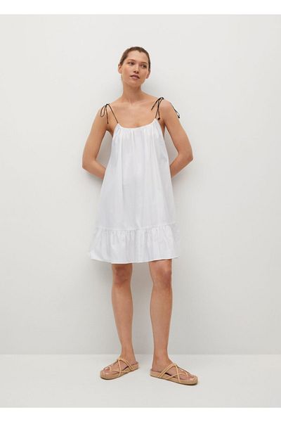 MANGO Woman Γυναικείο εκρού φόρεμα από βαμβακερό βολάν