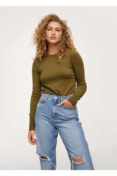 MANGO Woman Women's Khaki Color Knitted Sweater with Button Detail