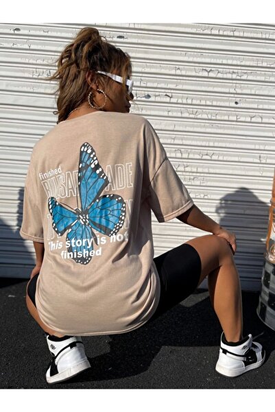 Deocept Women's Cream Oversize Finished Bules Printed T-shirt