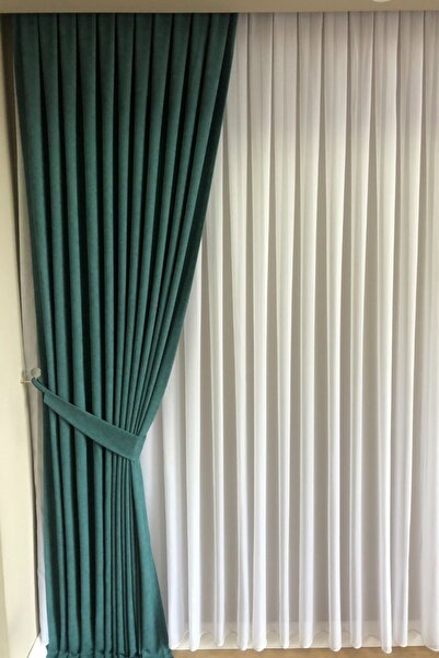 Beythome Petrol Yeşil Soft Kadife Fon Perde - Pileli Tek Kanat x 2,5 Sık Pile