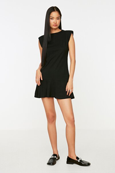 Trendyol Collection Black 100% Cotton Padded Flounced Waist/Skater Crew Neck Mini Knitted Dress TWOSS21EL0182