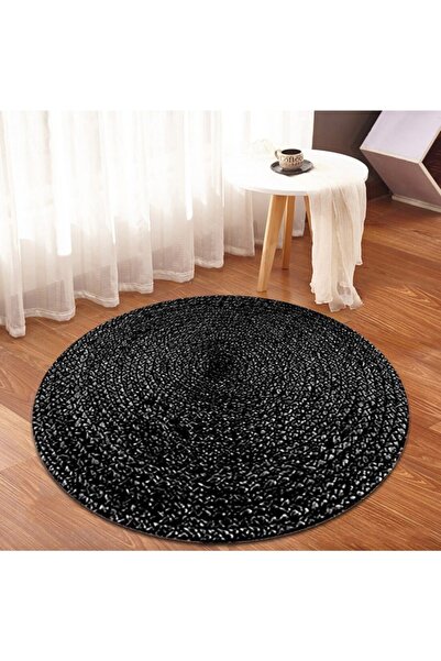 Bonny Home Siyah Jüt Yuvarlak Hasır Halı Salon Oda Mutfak Halısı Ks-1002