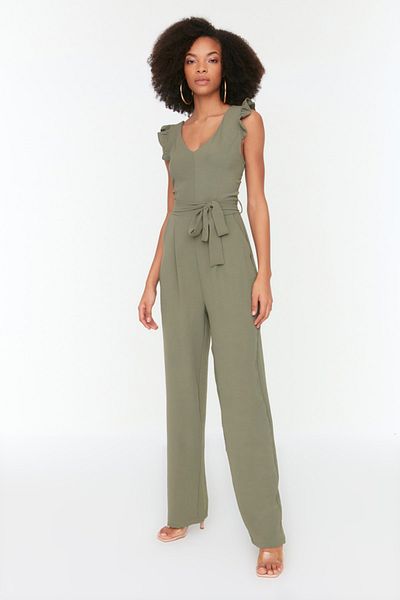 Trendyol Collection Green Belted Ruffle Detailed Pipe Leg Woven Jumpsuit TWOSS21TU0079