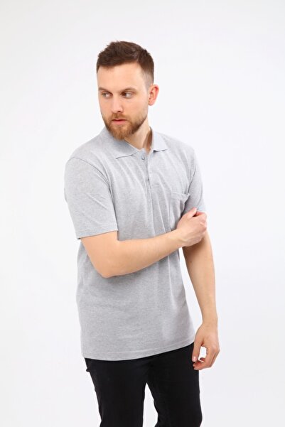 Çamdalı İş Elbiseleri Polo Neck Gray Short Sleeve Pique Knitted Business T-Shirt with Pockets