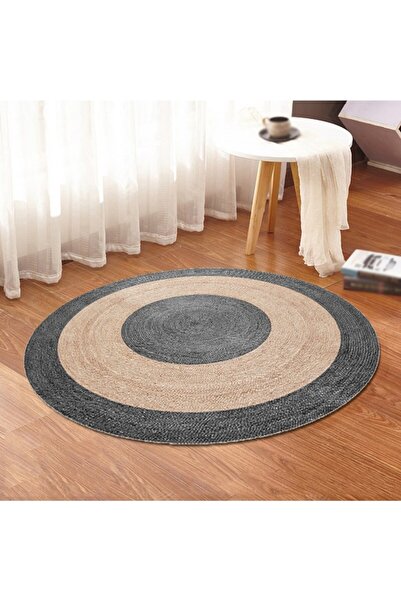 Bonny Home Antrasit & Bej Jüt Yuvarlak Hasır Halı Salon Oda Mutfak Halısı Ks-...