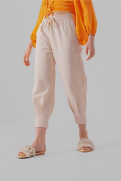 Suzi butik Stone Color Women's Trousers - Elastic Waist and Pleated Leg