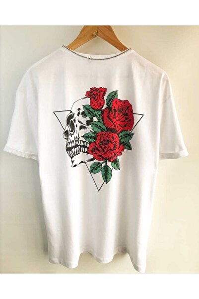 arıkoğlu kumaşçılık Unisex Kuru Kafa Gül Baskılı Oversize Penye T-shirt Tişört