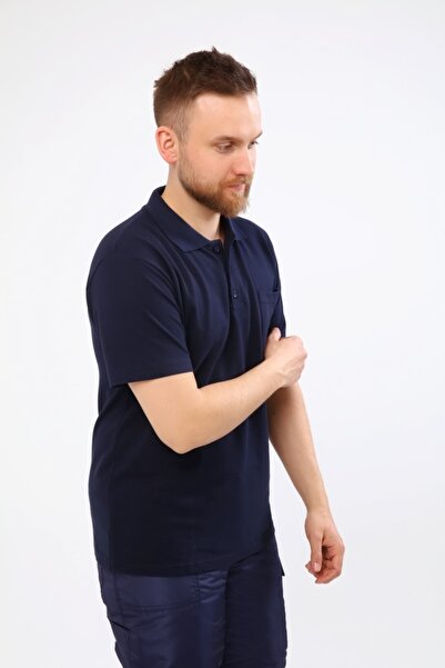 Çamdalı İş Elbiseleri Polo Neck Navy Blue Short Sleeve Pique Knitted Business T-Shirt with Pocket