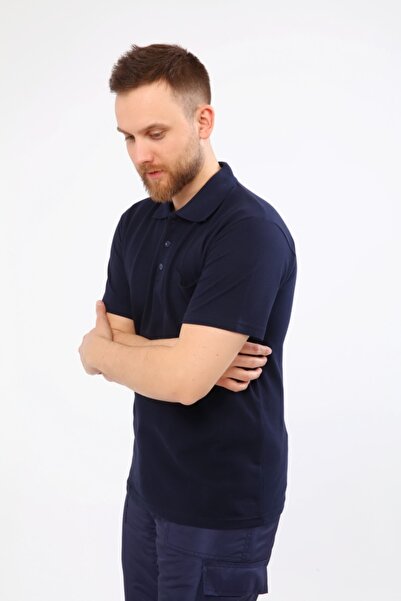 Çamdalı İş Elbiseleri Polo Neck Navy Blue Short Sleeve Pique Knitted Business T-Shirt with Pocket
