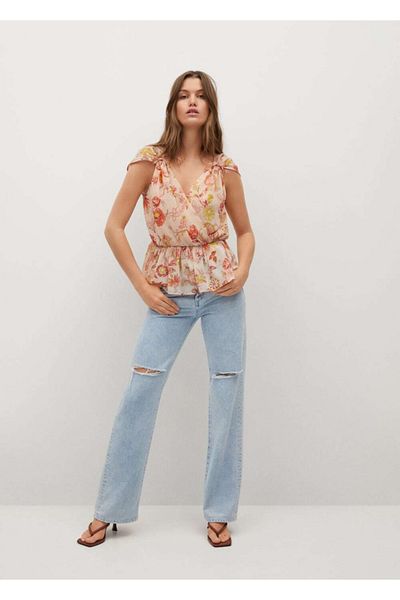 MANGO Woman Γυναικεία μπλούζα σε μπεζ Wrap V-Neck