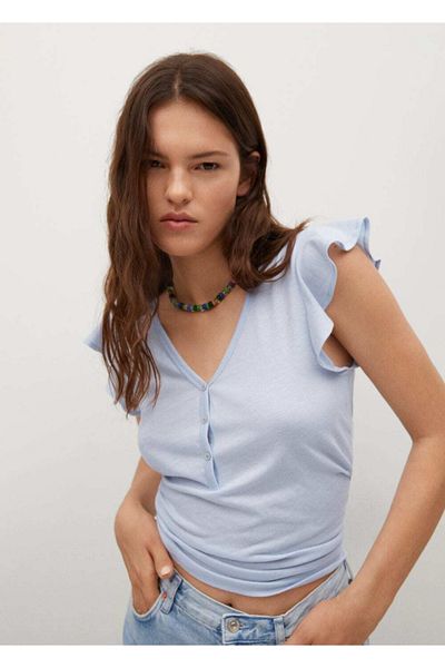 MANGO Woman Blaues Damen-T-Shirt aus Baumwolle mit Rüschen
