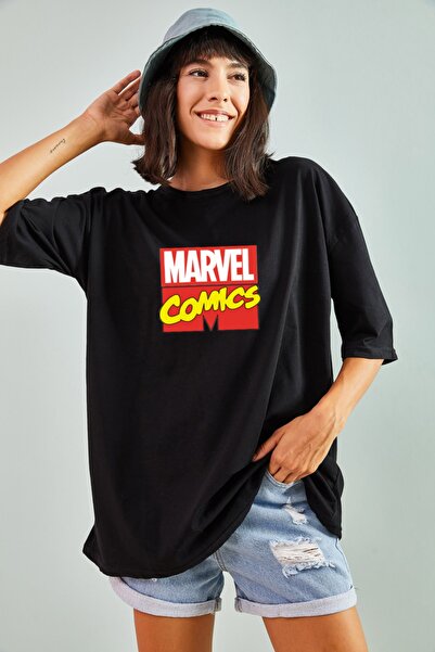 FUWEAR Pamuk Marvel Tasarımlı Unisex Siyah T-shirt