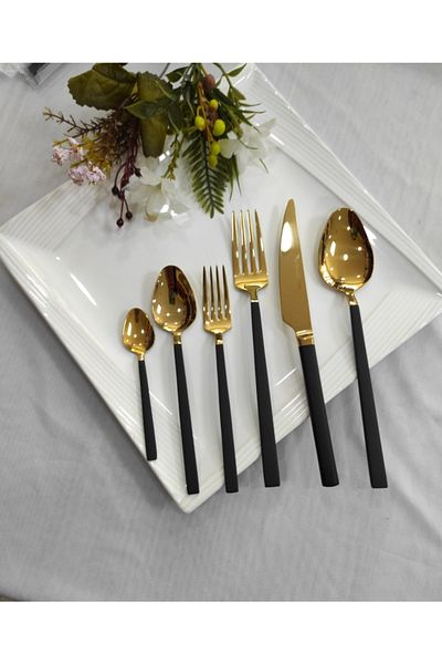 BRONDOFF 84 Piece Stayle Black Titanium Gold Fork Spoon Knife Set for 12 Persons