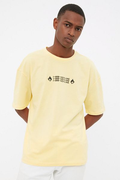 Trendyol Collection Yellow Men's Wide Cut Crew Neck Short Sleeve Printed T-Shirt