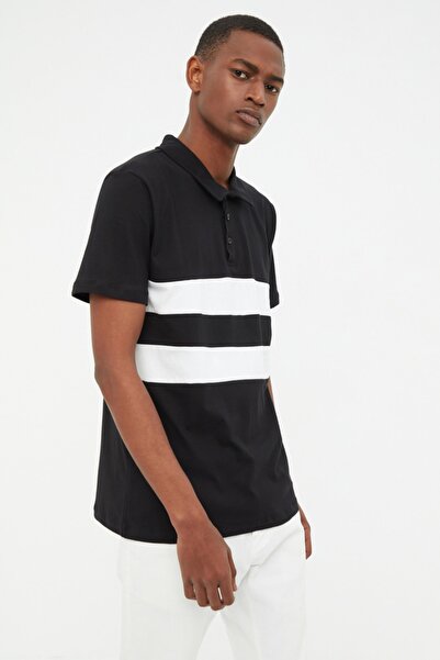 Trendyol Collection Schwarzes Herren-T-Shirt mit Polokragen und Farbblock, regulärer Schnitt, 100 % Baumwolle, TMNSS20PO0164