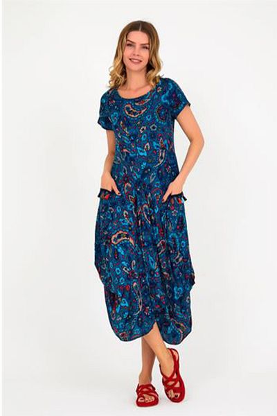 AYASOFYA OTANTIK Rochie de damă, albastru petrol, boem, cu model, buzunare, ciucuri, țesută, etnică, autentică