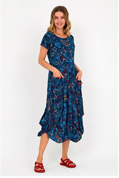 Genel Markalar Kadın Petrol Mavi Bohem Şal Desen Cepleri Püskül Detaylı Dokuma Etnik Otantik Elbise