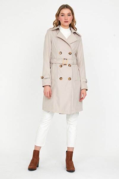 Bigart Ekose Detaylı Kruvaze Krem Trençkot
