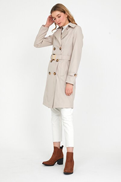 Bigart Ekose Detaylı Kruvaze Krem Trençkot
