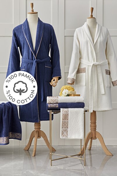 Karaca Home Salvatore Offwhite Lacivert %100 Pamuk Jakarlı Aile Banyo Seti
