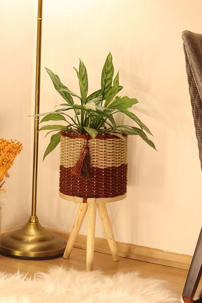 Monchi 26cm Jute Braided Wicker Basket - Wooden Flower Pot Foot Cherry Rotten