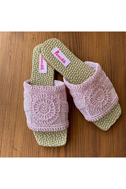 Pomidik شبشب منزلي صيفي منقوش بالدانتيل باللون الوردي للأطفال