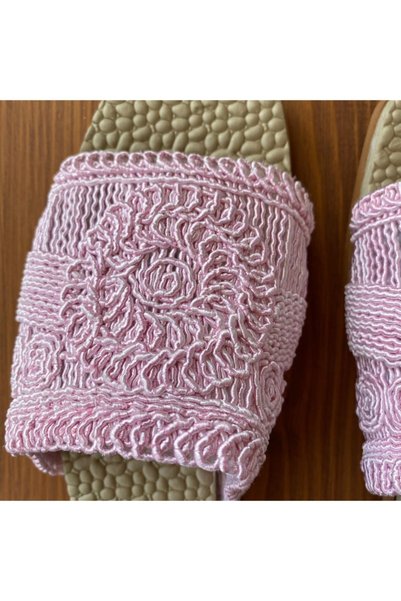 Pomidik Women's Baby Pink Lace Patterned Summer House Slippers