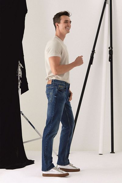 Pantamo Jeans Тесни прави мъжки дънки със среден тон, зеленикаво сини