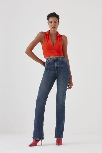 Pantamo Koyu Ton Efektli Kirletilmiş Mavi Cıgarette Women's Jeans