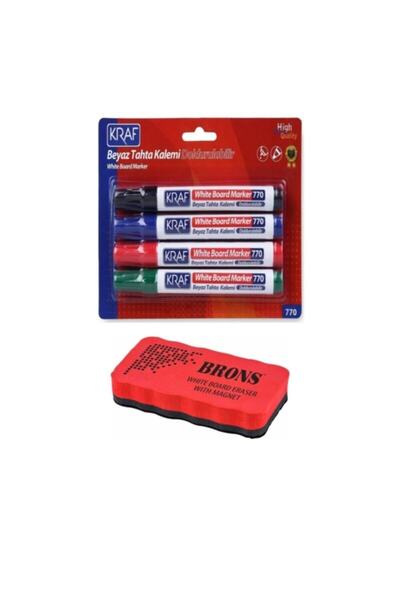 KRAF Beyaz Tahta Kalemi Doldurulabilir 770-4 4lü Ve Mıknatıslı Eva Tahta Silgisi
