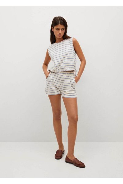 MANGO Woman Women's Sky Blue Cotton Striped T-Shirt