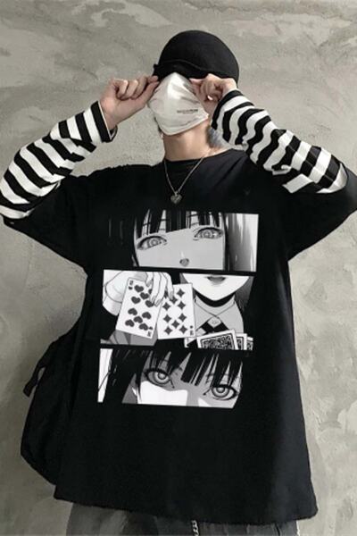 Köstebek Anime Kakegurui Eyes Unisex Çizgili Kollu T-shirt