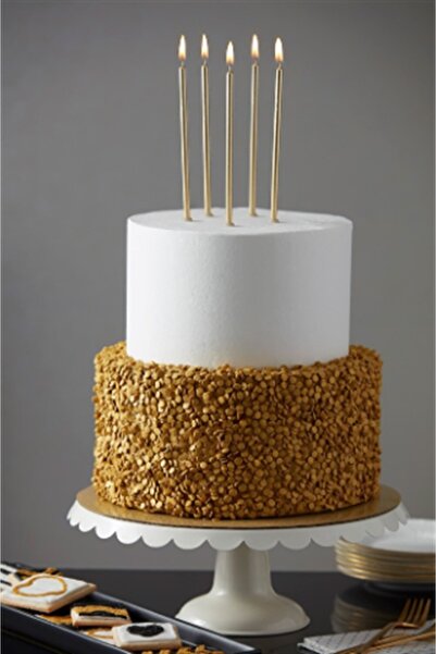 Huzur Party Store 14 Cm Gold Varaklı Mum 6'lı Altın Sarısı Ince Uzun Doğum Günü Parti Süsü Pasta Yaş Mumu Ve Altlığı