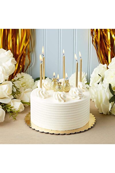 Huzur Party Store 14 Cm Gold Varaklı Mum 6'lı Altın Sarısı Ince Uzun Doğum Günü Parti Süsü Pasta Yaş Mumu Ve Altlığı