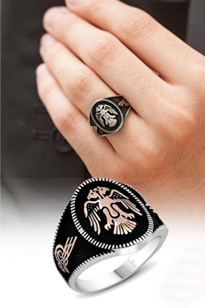 ALYANSEVİM Gümüş Selçuklu Çift Kartal Başlı Erkek Yüzük