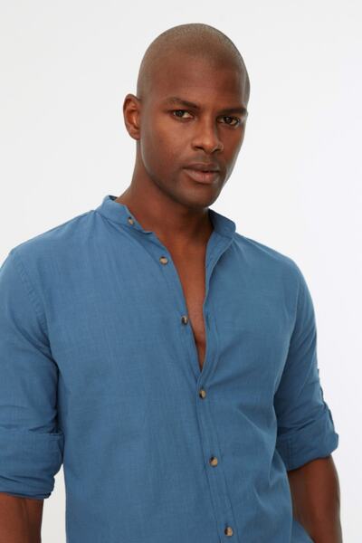 Trendyol Collection Indigo Slim Fit košile – vysoký límec, dlouhý rukáv, nárameníky TMNSS20GO0188