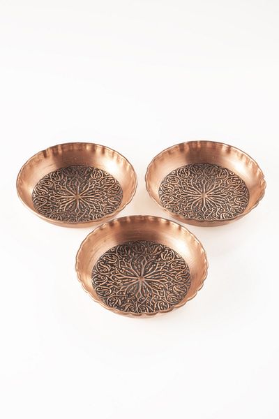 DMT COPPER HOME مجموعة أطباق الوجبات الخفيفة النحاسية من Gaziantep مكونة من 3 قطع (12 سم × 2.5 سم)
