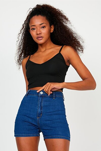 The Base Women's Black Scuba Fabric Front Back V-Neck Rope Strap Crop Top