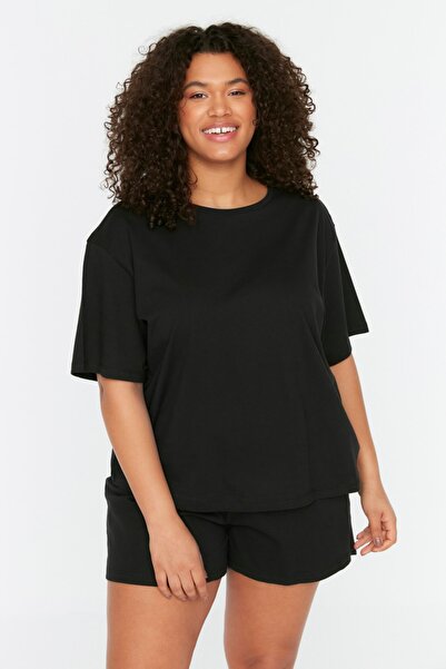 Trendyol Curve Plus Size Pajama Set - Black - Plain