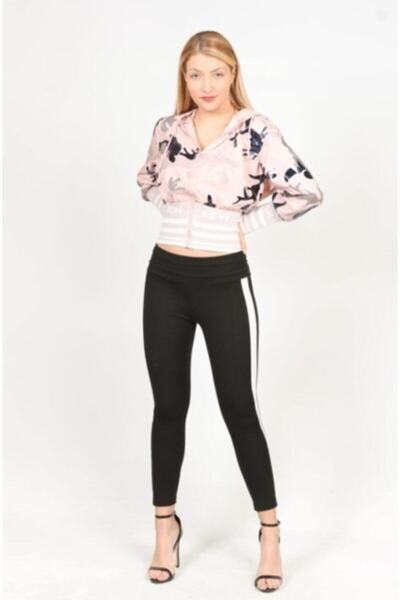 KZN MODA Kadın Siyah Yanı Beyaz Şeritli Yüksek Bel Çelik Tayt