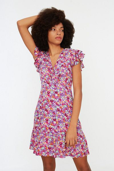 Trendyol Collection Rochie mov cu linie A cu imprimeu floral mini țesut din viscoză TWOSS21EL0272
