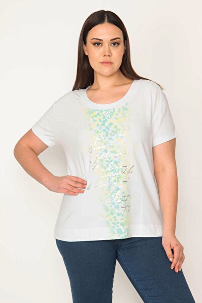 Şans Γυναικείο μεγάλο μέγεθος λευκό βαμβακερό ύφασμα μπροστά Lame στάμπα Λεπτομερής μπλούζα 65n23843