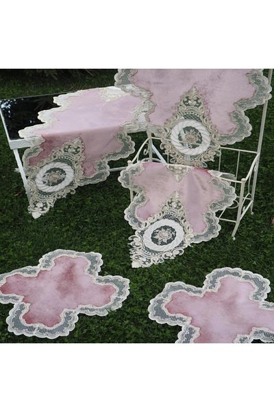 Finezza MAhidevran Appliqued Laced Velvet Powder Living Room Set 5 Pieces - 578