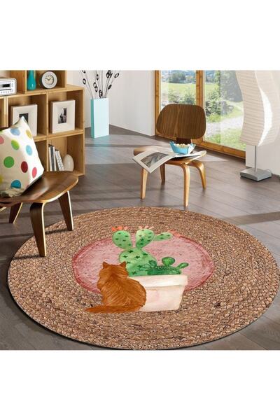 Bonny Home Cat & Kaktüs Jüt Yuvarlak Hasır Halı Yolluk Salon Oda Mutfak Halıs...